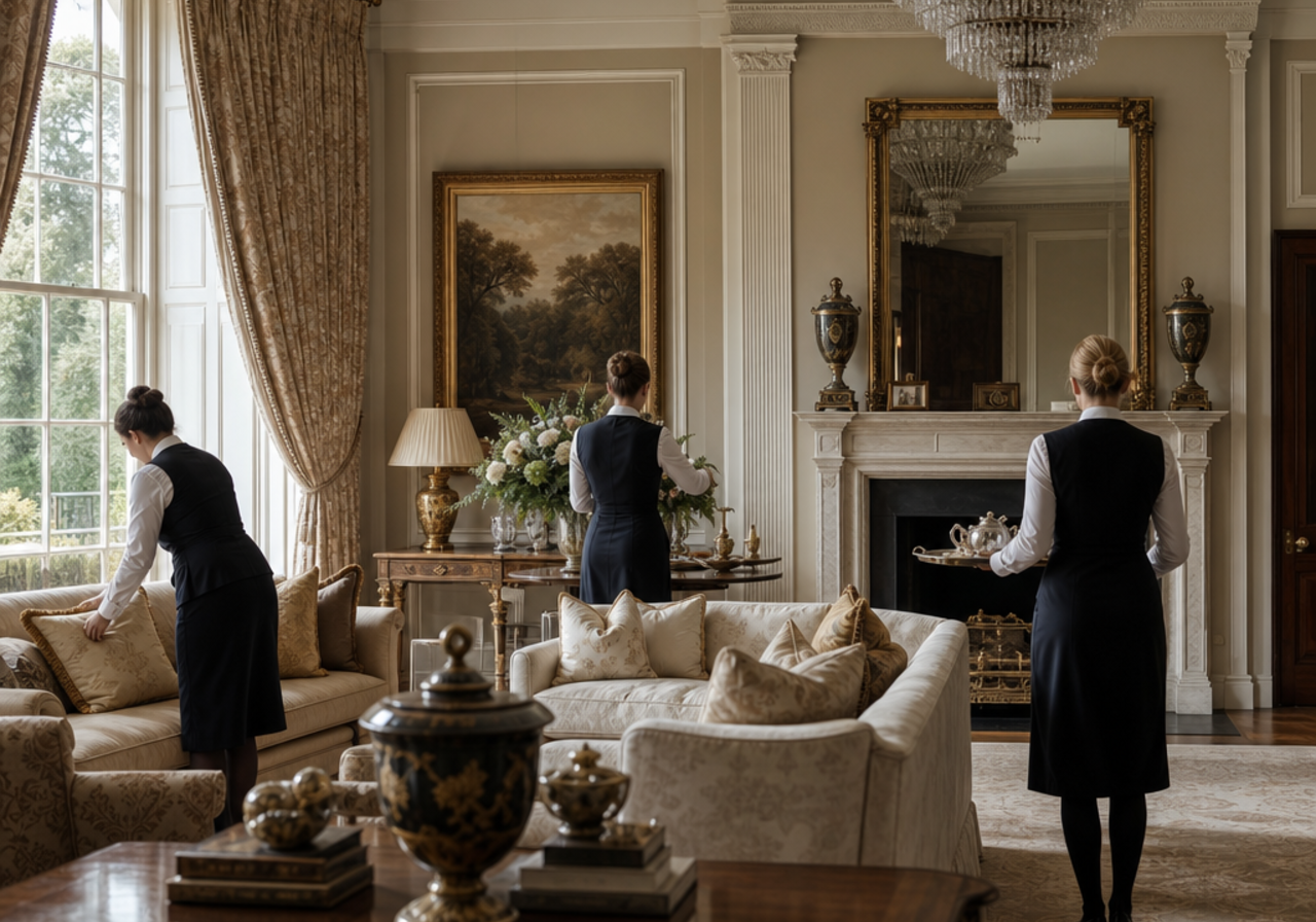 Household staff preparing an elegant drawing room