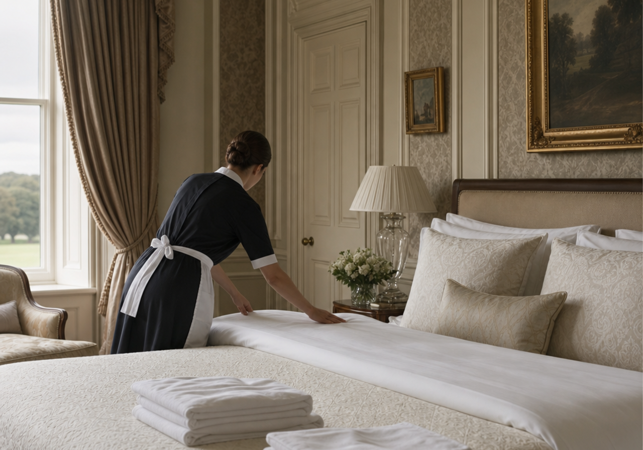 Housekeeper smoothing pressed bed linen