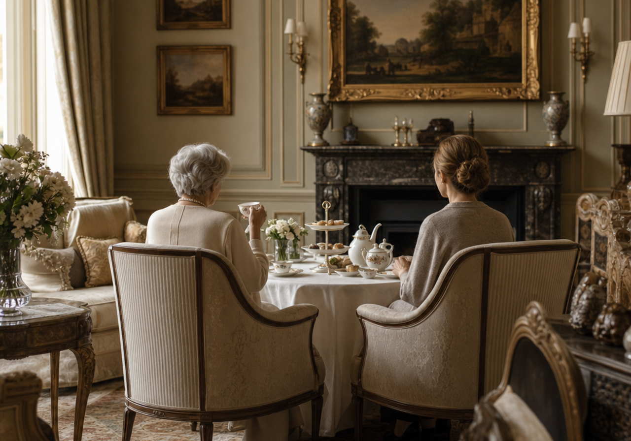 Companion sharing afternoon tea in a drawing room