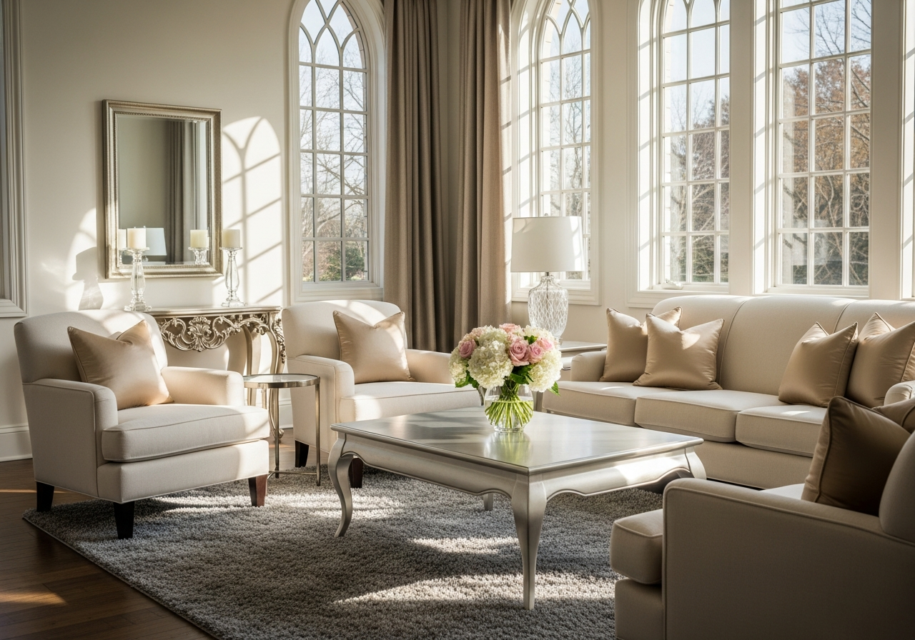 Light-filled formal drawing room with upholstered seating and flowers