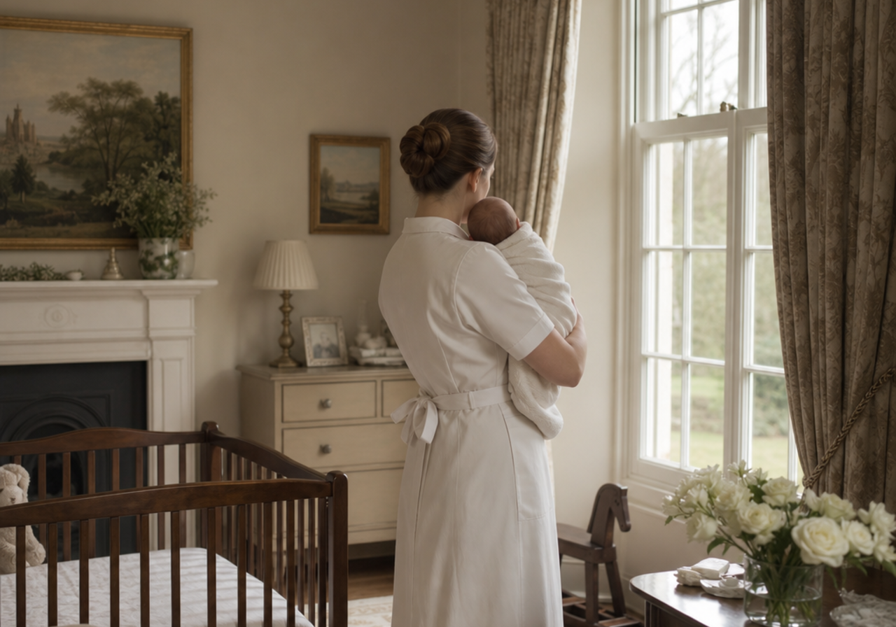 Maternity nurse gently holding a swaddled newborn beside a nursery window