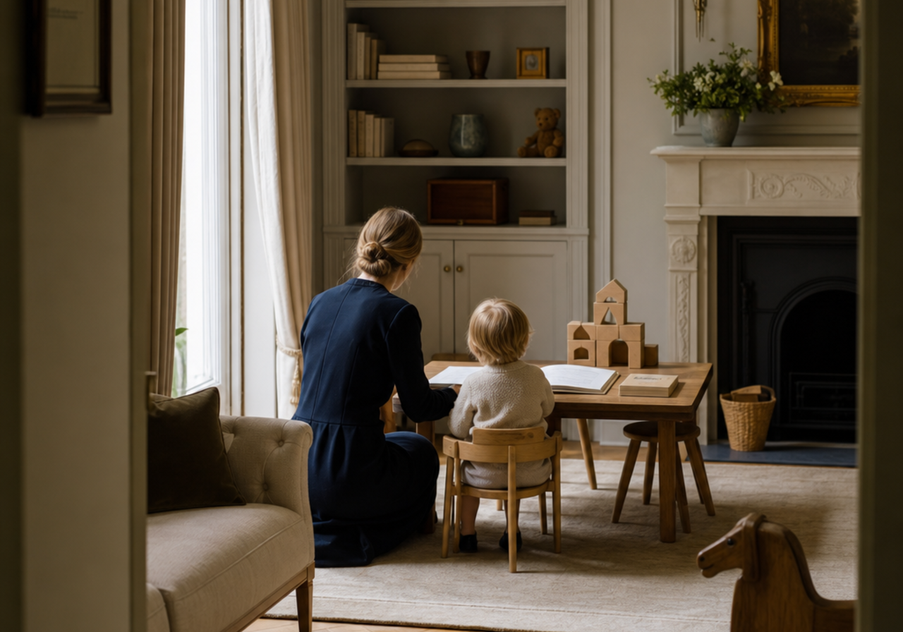 Nanny-governess supporting a child with books and learning toys